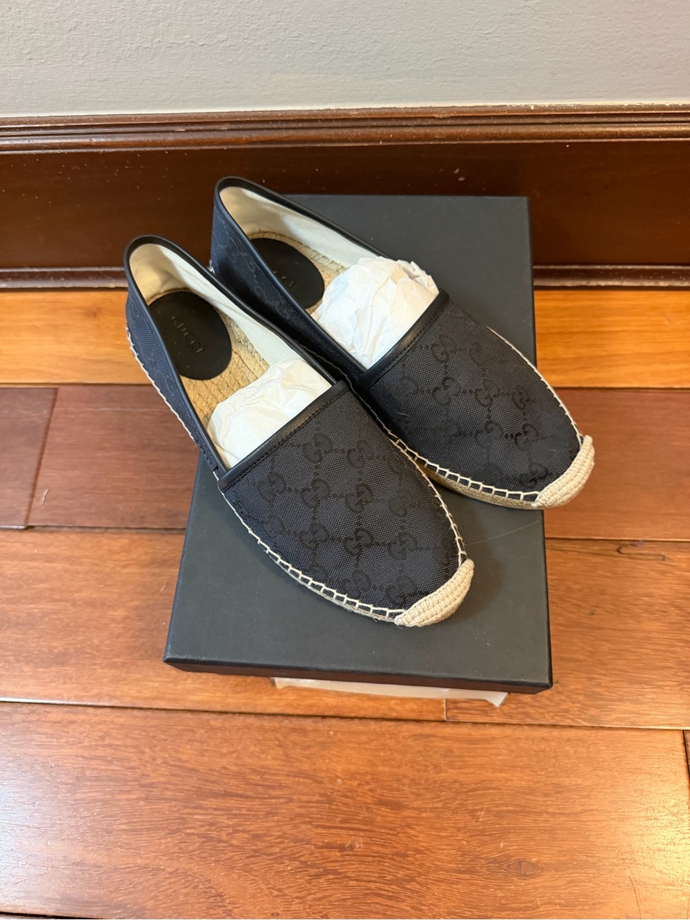 Gucci Black Designer Monogram Espadrille Slip-Ons new in box